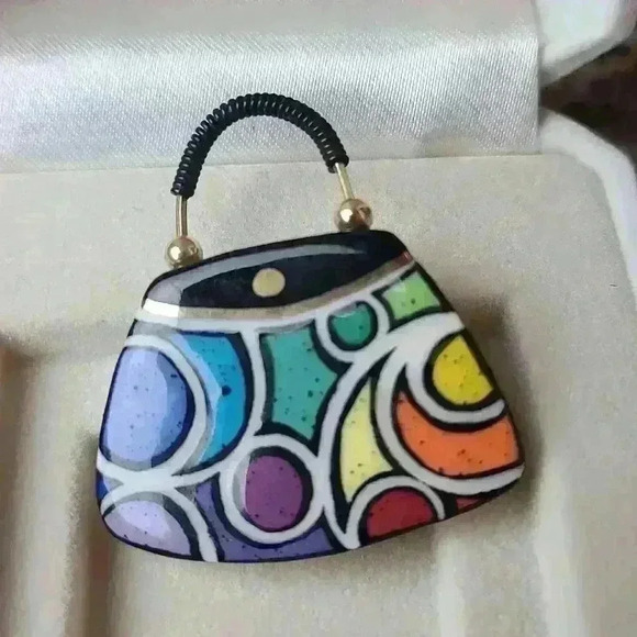 Small purse brooch pin colorful vitange hand painted art pin - Picture 5 of 7